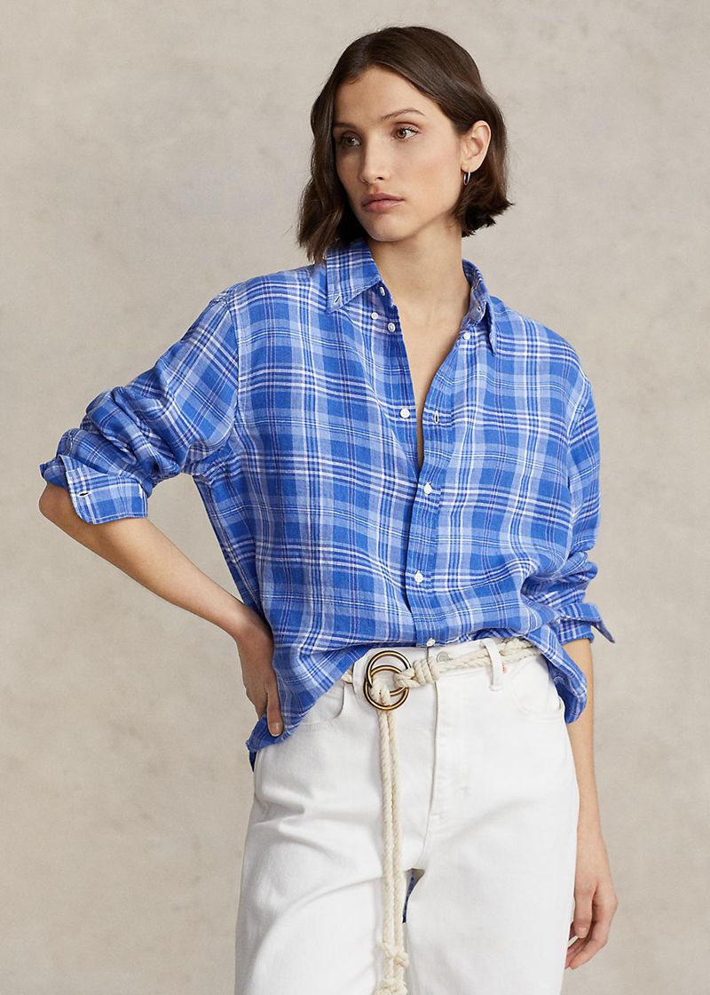Koszula Polo Ralph Lauren Damska Niebieskie Relaxed Fit Plaid Linen 658012-XOG